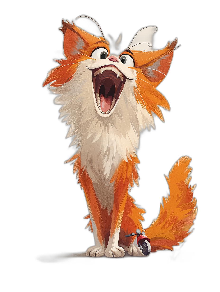 A cute happy orange and white cat with large ears, in the style of Pixar, full body, on a black background, laughing out loud with a big mouth open wide showing teeth and flying hair.