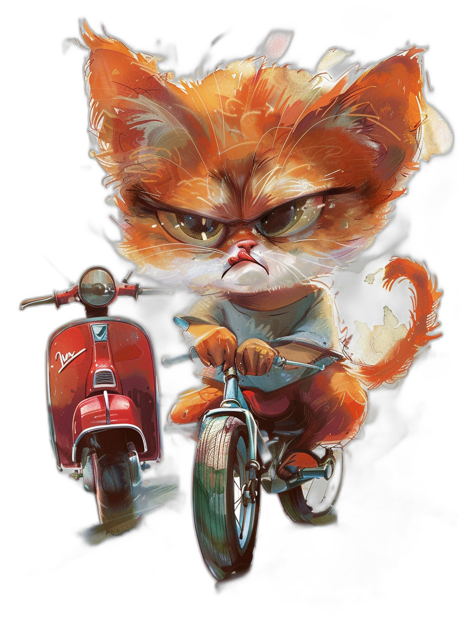 t-shirt design, Character concept of an angry orange cat riding on the back of a red vespa bike in front view, detailed background, full body character concept art in the style of [Artgerm](https://goo.gl/search?artist%20Artgerm) and [Greg Rutkowski](https://goo.gl/search?artist%20Greg%20Rutkowski) and [Alphonse Mucha](https://goo.gl/search?artist%20Alphonse%20Mucha), digital painting