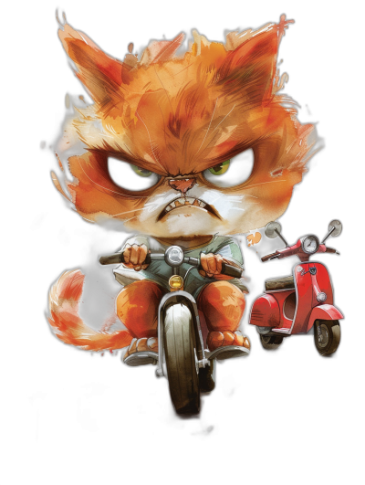 vector t-shirt design of an angry cute cat riding on a scooter, in the anime style, on a black background, in the style of Ghibli studio, as a cartoon character, chibi and cute, with an epic composition, as digital art in the styles of [WLOP](https://goo.gl/search?artist%20WLOP), [Artgerm](https://goo.gl/search?artist%20Artgerm) and [Ilya Kuvshinov](https://goo.gl/search?artist%20Ilya%20Kuvshinov), with studio lighting, hyper realistic and in sharp focus, with octane render, at high resolution