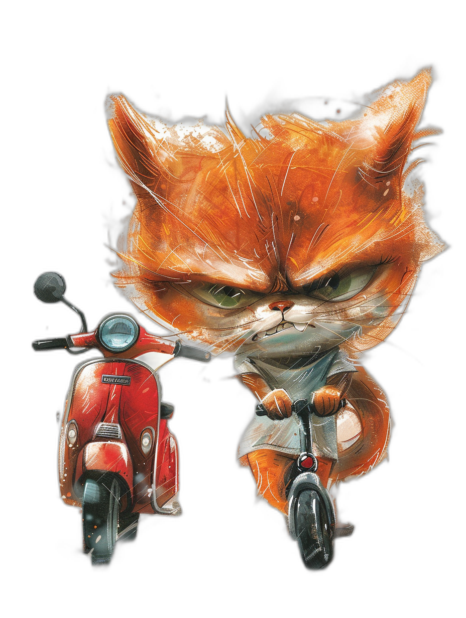 A cute orange cat with green eyes is riding on the back of an Italian red vespa, with an angry expression, in a detailed background, fantasy illustration in the style of oil painting, with a black solid color background, shown from the front view.