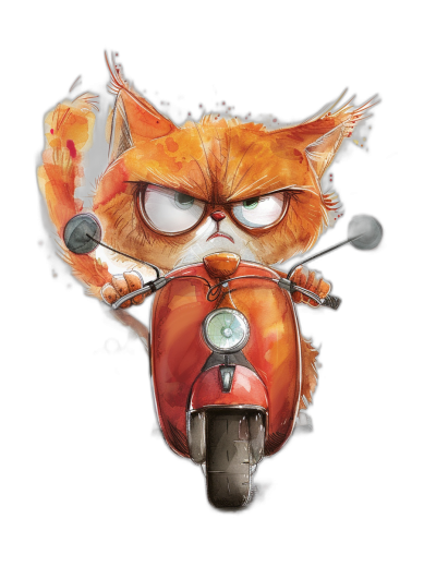 A cute and grumpy orange cat with an angry expression rides on a scooter, in a cartoon style with a black background. The design is done in a watercolor style, with a full body portrait. It has clear outlines and features a character wearing glasses and holding onto the two handle bars of a motorcycle. The overall color scheme includes red, white, brown, and yellow tones.