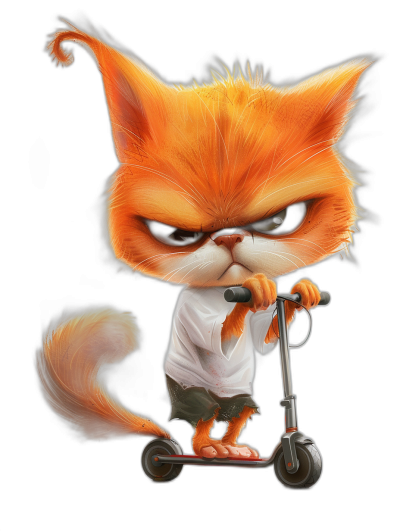 grumpy orange cat in a white t-shirt and shorts on a scooter, in a cartoon style, on a black background, digital art in the style of [Artgerm](https://goo.gl/search?artist%20Artgerm), from artstation, reminiscent of Pixar