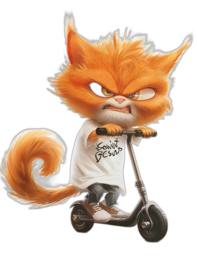 grumpy orange cat with thick fur, riding an electric scooter and wearing a white t-shirt that says "S أساس", black background, in the style of Pixar, in the style of cartoon, cute character design, high resolution