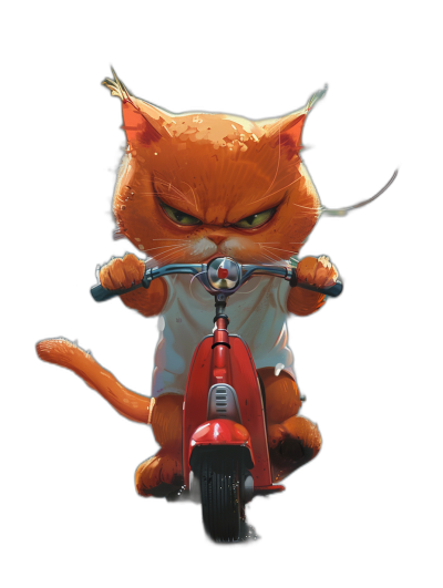 A cute orange cat wearing a white t-shirt, riding a red scooter with an angry facial expression, on a simple black background, in the digital art style of Pixar, in the style of Glen Fabry, in the style of [Ralph Steadman](https://goo.gl/search?artist%20Ralph%20Steadman).