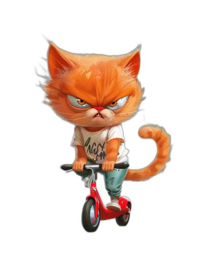 realistic cartoon illustration of an angry orange cat wearing white tshirt and jeans riding scooter, black background, detailed character illustrations, texture-rich canvases, strong lighting contrasts, playful pose for commercial photography photos on isolated dark backdrop, playful use of perspective, high resolution