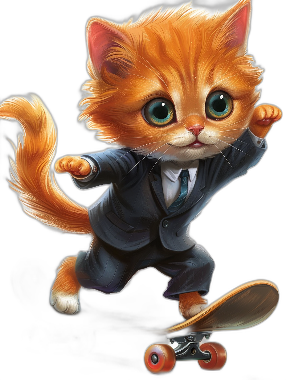 Cute cartoon orange cat, wearing a suit and tie, skateboarding on a black background, full body shot, big eyes, high definition wallpaper, in the style of Disney.