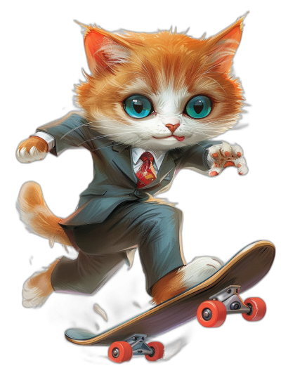 digital art of cute kitten , wear suit and tie, skating on skateboard with black background, blue eyes, full body