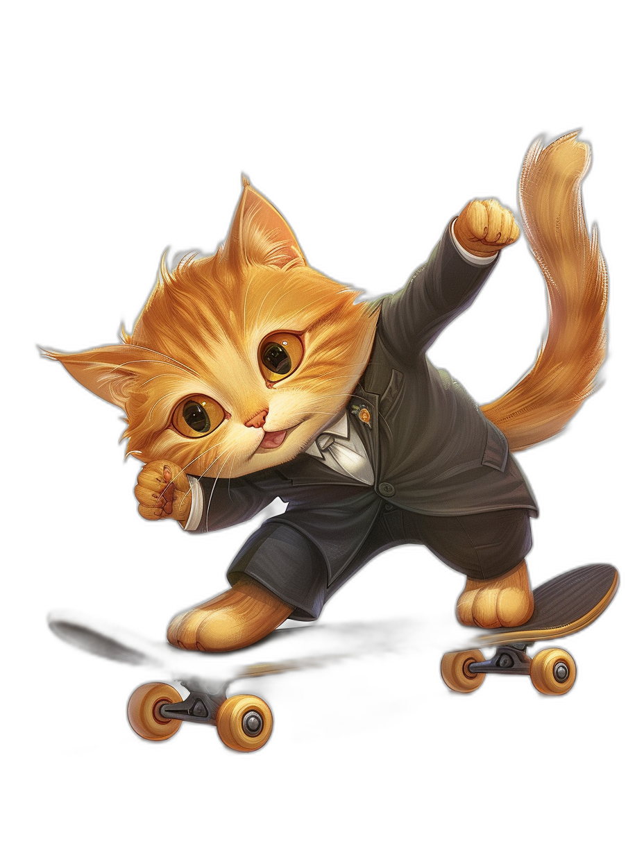 Cute orange cat in a suit, skateboarding on a black background, in the vector illustration style with flat design and in the style of Disney cartoon character. It was created using digital art techniques to create high resolution images suitable for printing or other applications. The artwork depicts the cute kitten riding a skateboard while wearing stylish , showcasing its playful personality and charm. This work can be used as an avatar of animated characters in social media or other applications, without the Chinese characters or repeated words.