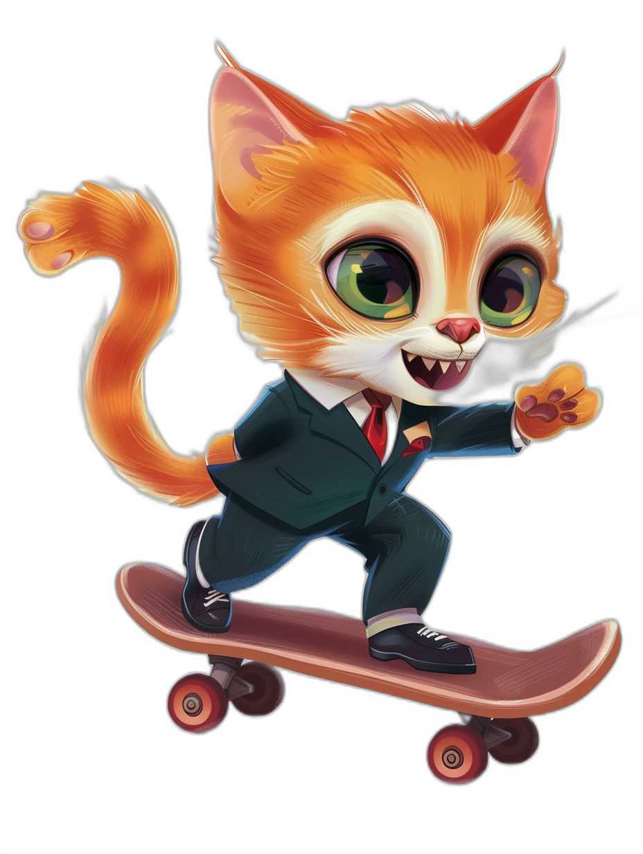 character design of an orange cat with green eyes wearing business suit and red tie, riding on skateboard, vector art style, black background, cute chibi cartoon character, digital painting, concept art in the style of league of legends, comic book style artwork, character sheet