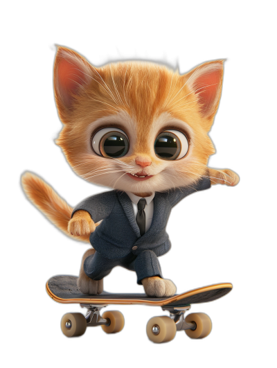 Cute cat in a suit riding on a skateboard, black background, in the style of Disney with a cartoon character design, 3D rendering, a cute and happy expression, big eyes, a full body shot, front view, playful style of Pixar with a kitten animation character, a cute style, bright colors, high definition.