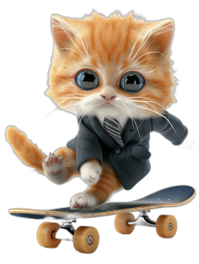 digital art of cute kitten , wear suit and tie, riding on skateboard , black background, big blue eyes