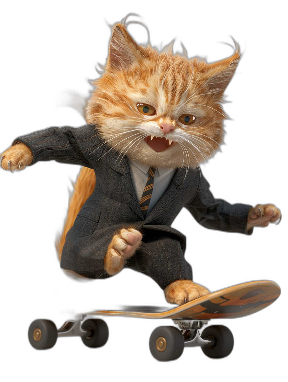 photorealistic caricature of an orange cat in a suit and tie riding on a skateboard, isolated on a black background, in an action shot
