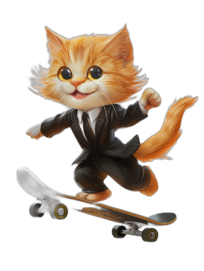 Cute cat in suit riding skateboard, in the cartoon style, isolated on black background, digital art in the style of Disney Pixar studio, adorable and funny pose, bright colors, ultra realistic