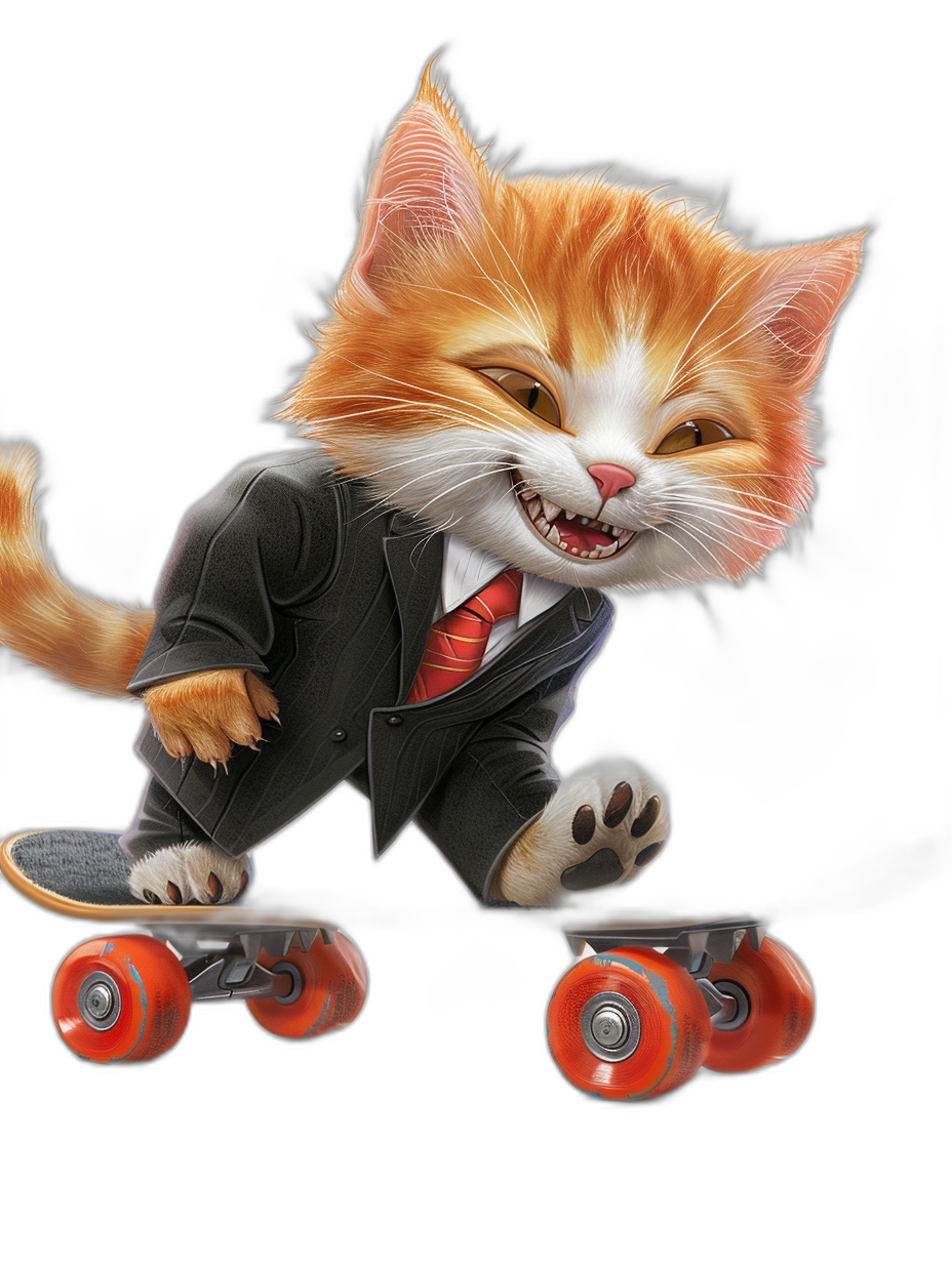 digital art of cute happy cat , wearing suit and tie, riding on skateboard , black background, red wheels