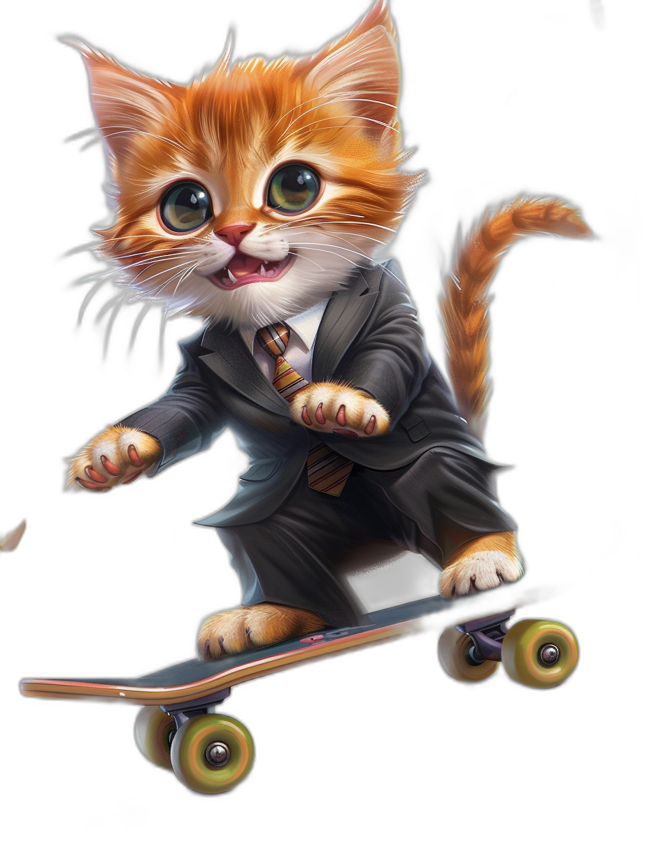 digital art of a cute and happy kitten, wearing a suit with a tie, riding on a skateboard, against a black background, with a big head and small body in the style of.