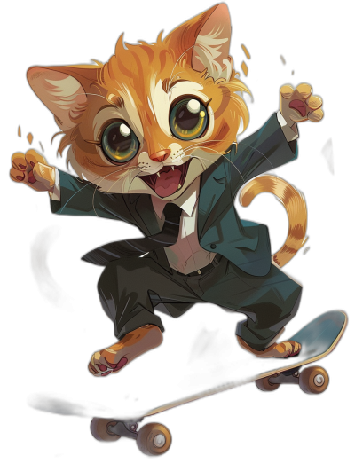 smiling, cute orange cat in suit on skateboard in the style of [Kawacy](https://goo.gl/search?artist%20Kawacy), black background, t-shirt design