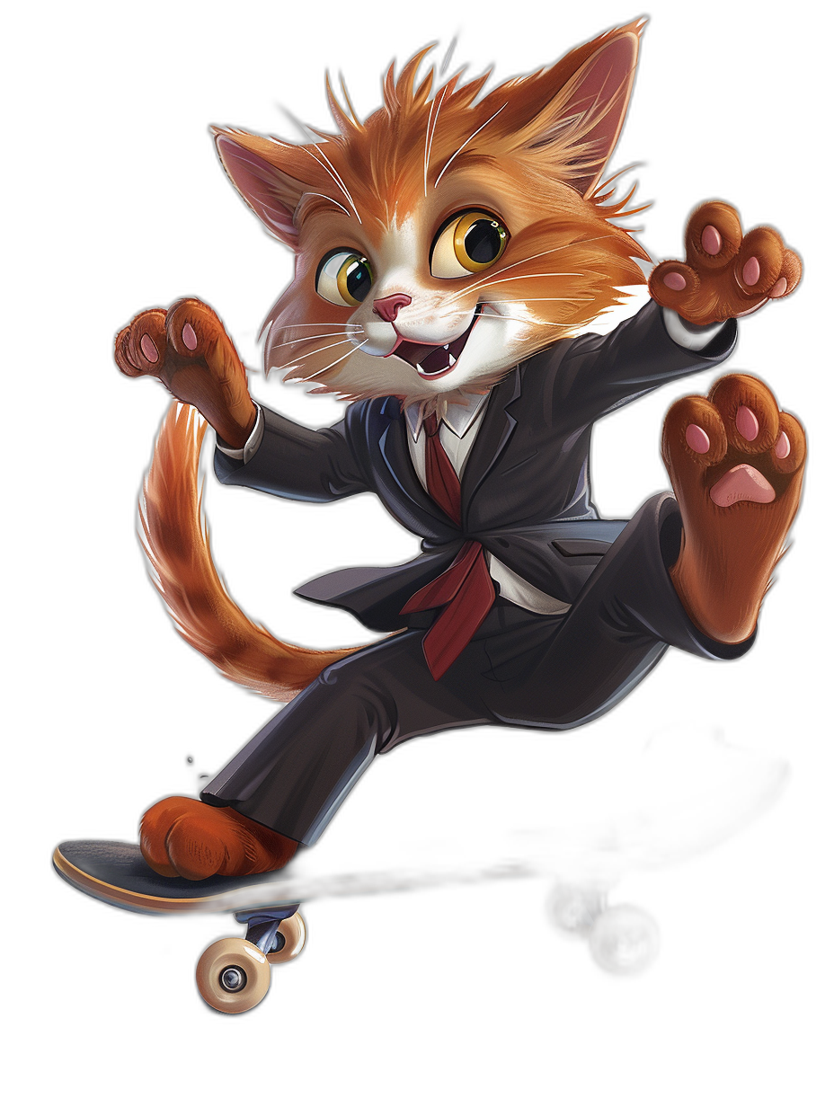 A happy, smiling ginger cat in a business suit and tie is riding on his skateboard. The cartoon character is depicted with large expressive eyes and an adorable tail, rendered in the vibrant colors of anime. This whimsical depiction captures its playful nature as it glides across the skate park floor. in the style of [Tiago Hoisel](https://goo.gl/search?artist%20Tiago%20Hoisel), caricature-like, full body against a black background