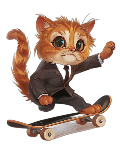 A cute furry cat in a suit, riding on a skateboard, vector illustration, black background, 2D game art style, cartoon realism with vibrant colors, in the style of oshare kei, elegant and emotive facial expressions, loose gestures.