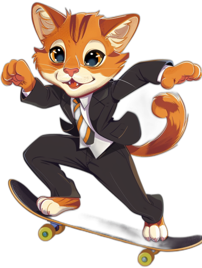 A cute orange cat in a suit and tie, with big eyes, is skateboarding on a skateboard. The cartoon character illustration style features bold lines and solid colors, a simple black background, and a full body composition. It has an anime art style and is created using digital painting techniques in the style of .