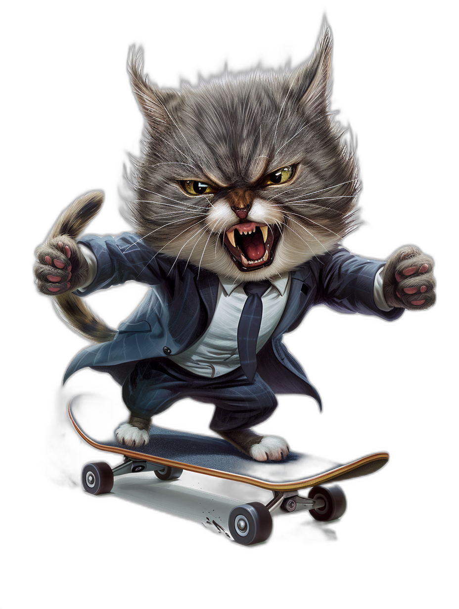 a realistic cartoon illustration of an angry cat in business suit riding on skateboard, isolated black background, t-shirt design