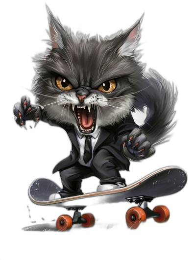 realistic digital vector illustration of an angry grey cat in suit riding on skateboard, isolated with black background, t-shirt design