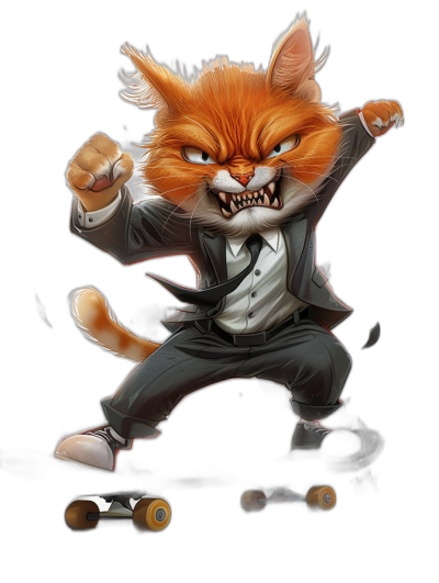 a digital illustration of an angry ginger cat in business suit and dress shoes, on his hands he has thick fangs , doing kickflip skateboard black background