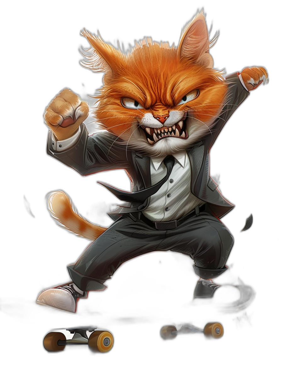 a digital illustration of an angry ginger cat in business suit and dress shoes, on his hands he has thick fangs , doing kickflip skateboard black background