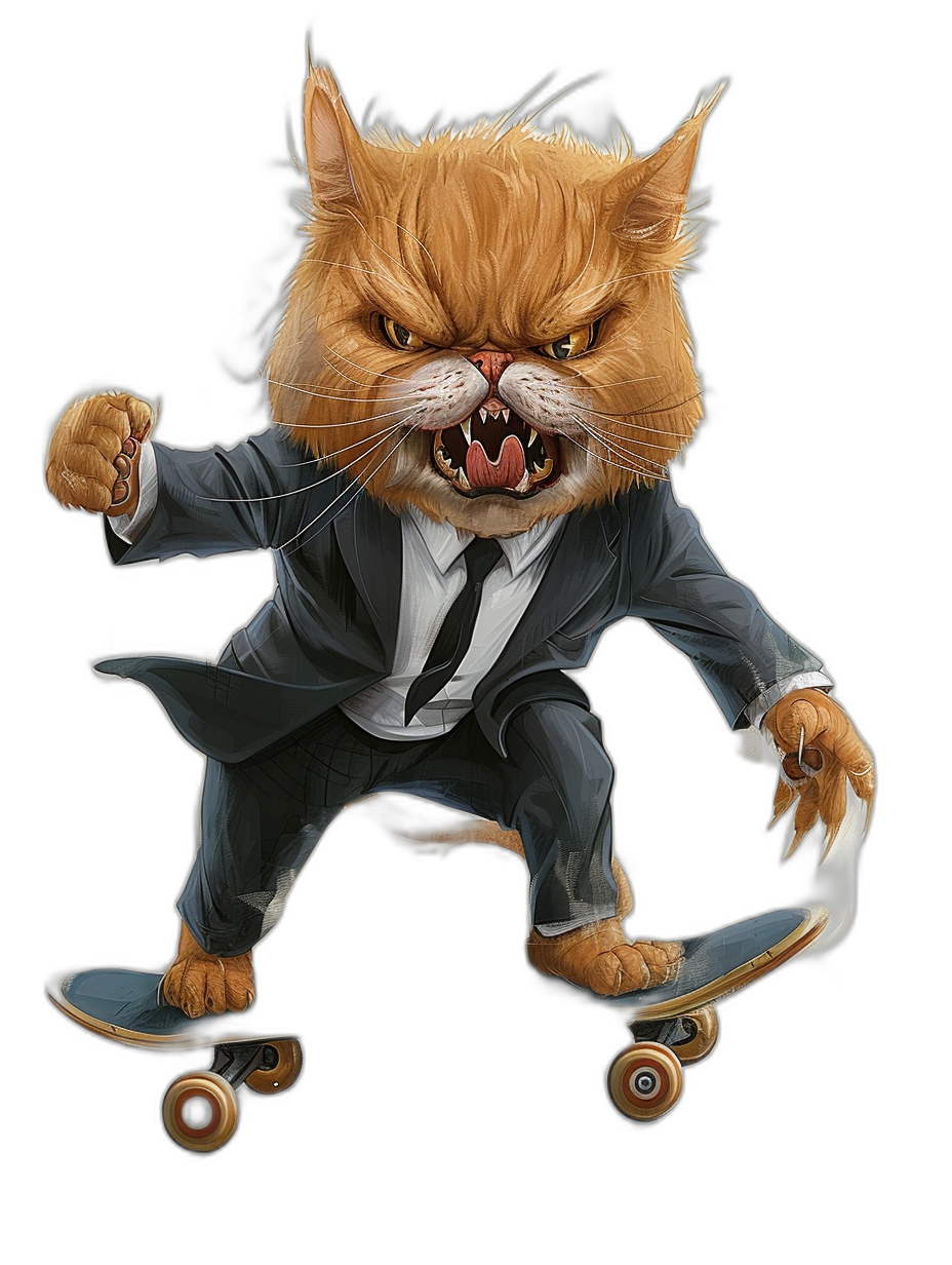 realistic digital illustration of an angry ginger cat in suit and tie, riding on skateboard, ollie kickflip action pose, black background, full body portrait view