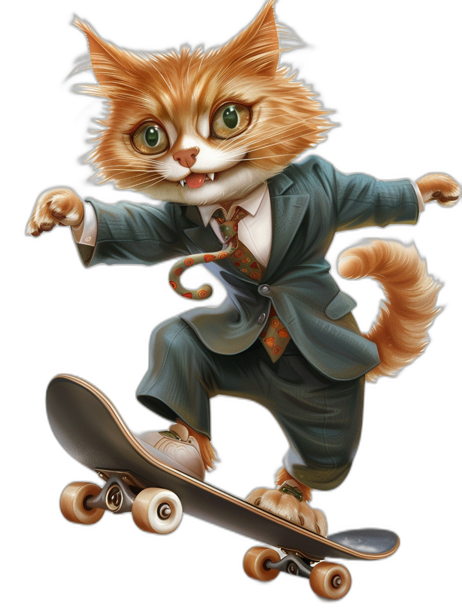 A cartoon cat in business attire, riding on a skateboard with a black background, in the style of [Tiago Hoisel](https://goo.gl/search?artist%20Tiago%20Hoisel), with a caricature-like, playful character design.