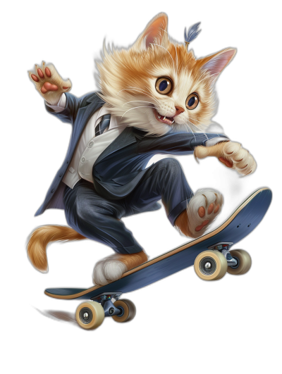 Cute cat cartoon character dressed in a suit and tie riding on a skateboard, black background, full body shot, detailed illustration in the style of [Artgerm](https://goo.gl/search?artist%20Artgerm) and in the style of [Loish](https://goo.gl/search?artist%20Loish), Disney animation style.