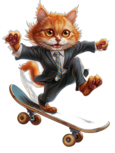 t-shirt design, concept of an orange cat in a business suit and tie riding on a skateboard, black background, no mockup, in the style of graffiti