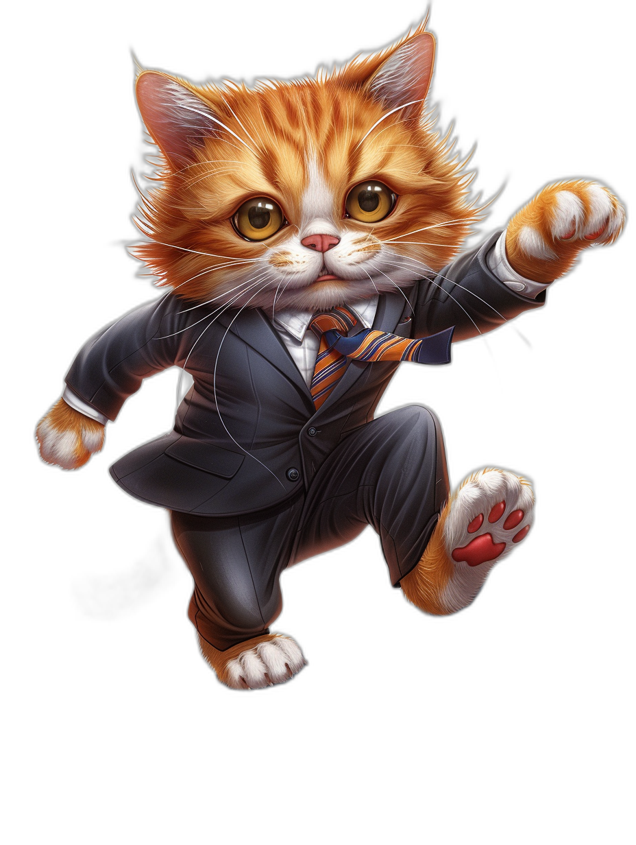 A cute orange cat in a suit, jumping up with both paws on the ground, in the style of anthropomorphic cartoon, black background, colorful , in the style of Disney animation, detailed facial features, white fur and red paws, high resolution, professional lighting, professional photography