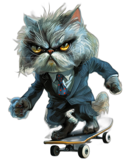 realistic digital illustration of an angry cat in suit and tie, riding on skateboard, isolated with black background, cool style