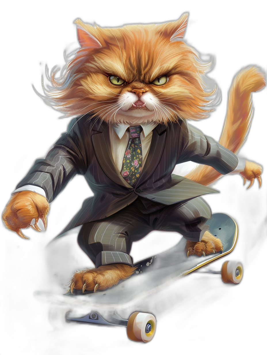 A realistic illustration of an angry ginger cat in suit and tie, riding on skateboard, black background, cartoon style, digital art, by Thomas Ascott, sharp focus, studio photo, high resolution, intricate details, highly detailed portrait, detailed face, detailed eyes, perfect composition,