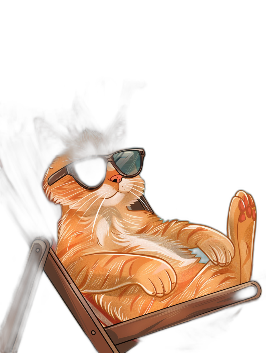 digital art of cool cat wearing sunglasses , sitting on the deck chair, black background, minimalistic and simple style, cute cartoonish designs, colorful illustrations, light brown and dark orange, digital painting techniques