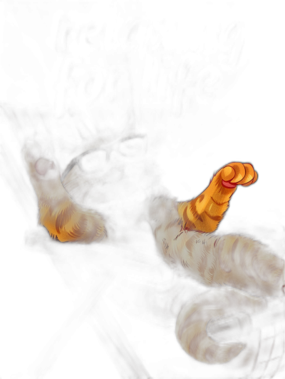 A yellow cat with orange stripes, laying on its back in the dark pointing at you with one finger, in the style of anime.