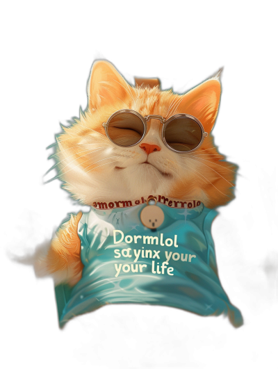 A cute orange cat wearing sunglasses and a t-shirt with the text "Dormfälltoml olay diversix your life", against a black background, in the style of anime.