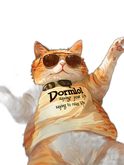 digital art of a cool fat orange cat, wearing sunglasses and a t-shirt with text "Dormobーn staying your life to relax", hand up, funny pose, black background, chill out expression.