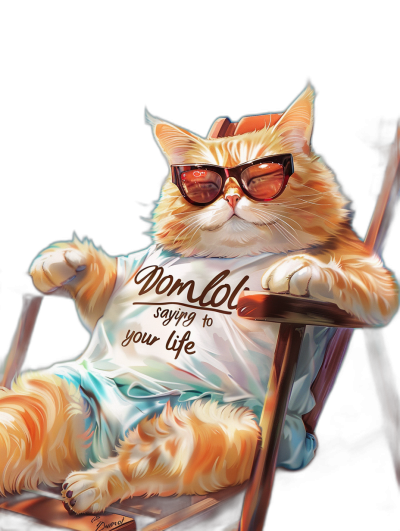 A cute orange cat wearing sunglasses and a t-shirt with "don't say 'no' to your life" written on it, sitting in an armchair. The background is black. Cartoon style, digital art, detailed illustration, digital painting, high resolution, high detail, close-up portrait, soft lighting, vibrant colors, clear focus.