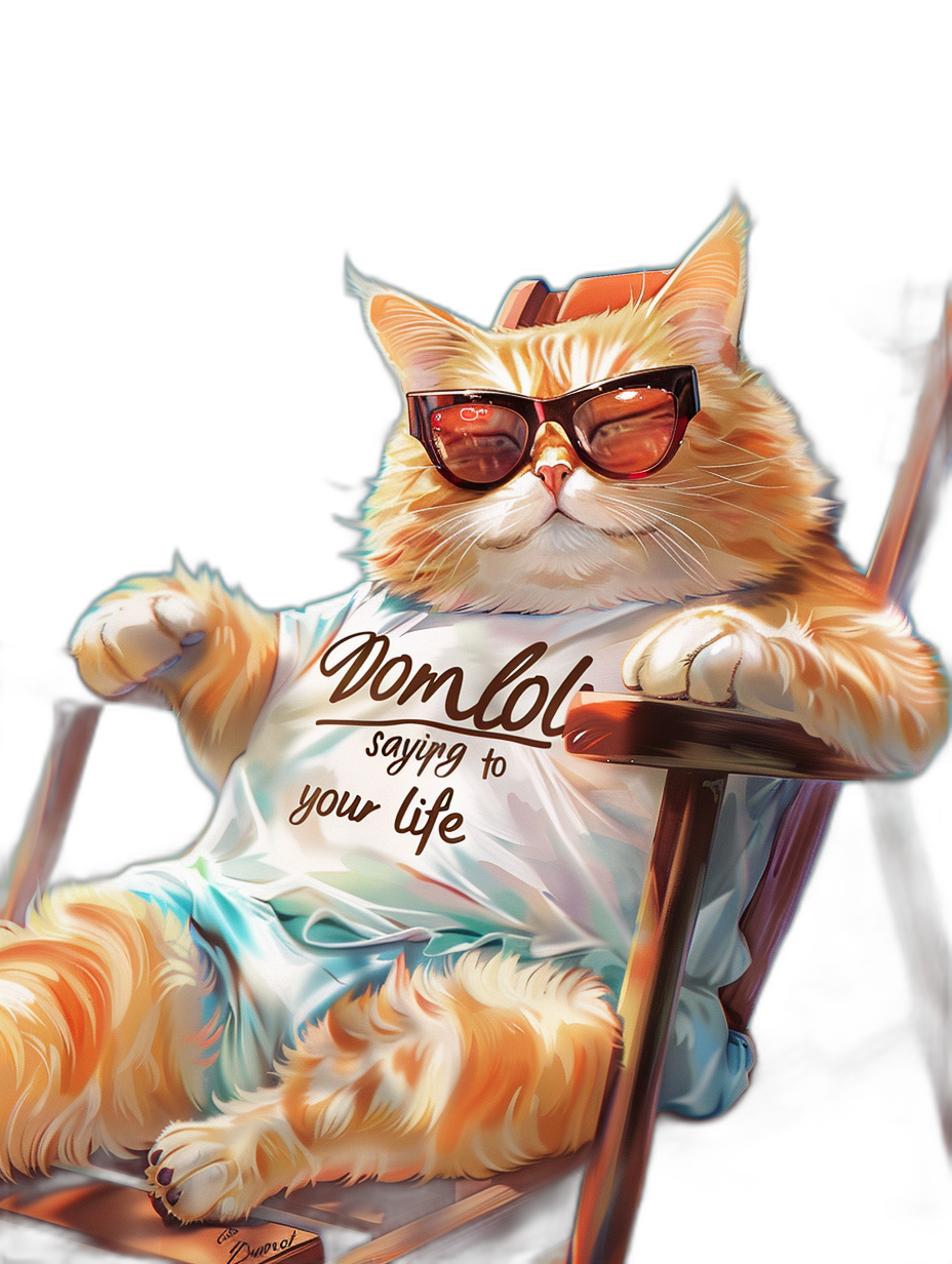 A cute orange cat wearing sunglasses and a t-shirt with “don’t say ‘no’ to your life” written on it, sitting in an armchair. The background is black. Cartoon style, digital art, detailed illustration, digital painting, high resolution, high detail, close-up portrait, soft lighting, vibrant colors, clear focus.