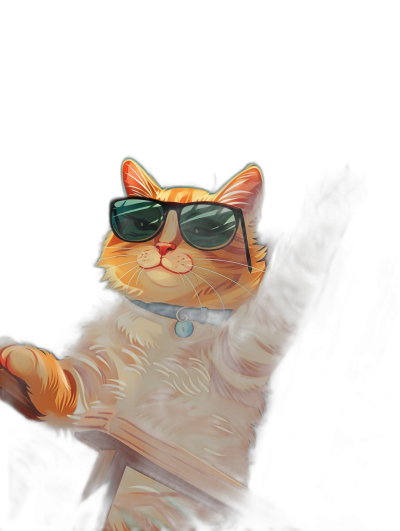 digital art of a cool cat wearing sunglasses, the orange tabby cat is sitting on top of air'un, in the style of cartoon, dark background, digital painting, highly detailed