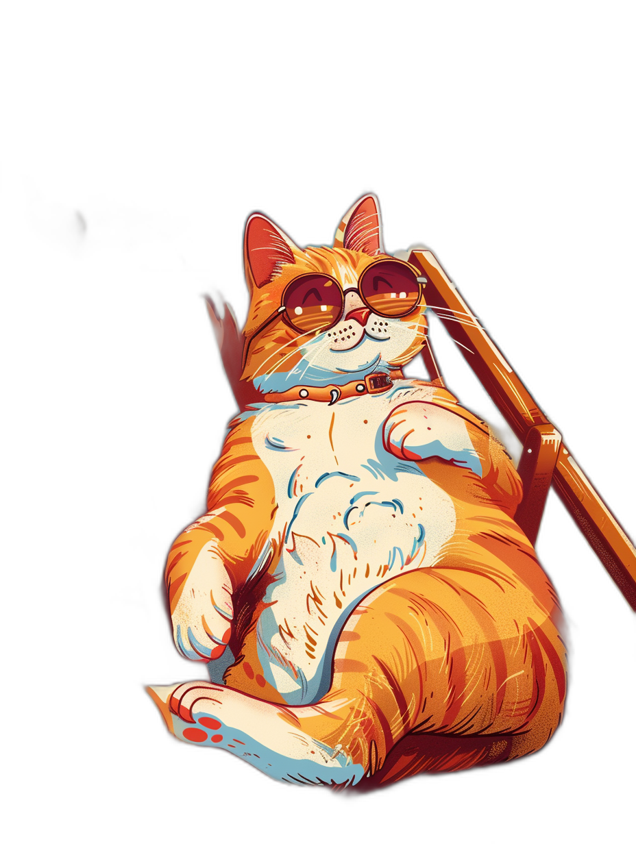 A full-bodied fat cat with sunglasses laying on its back and holding a high chair, in the digital art style, illustrated painting, on a black background.