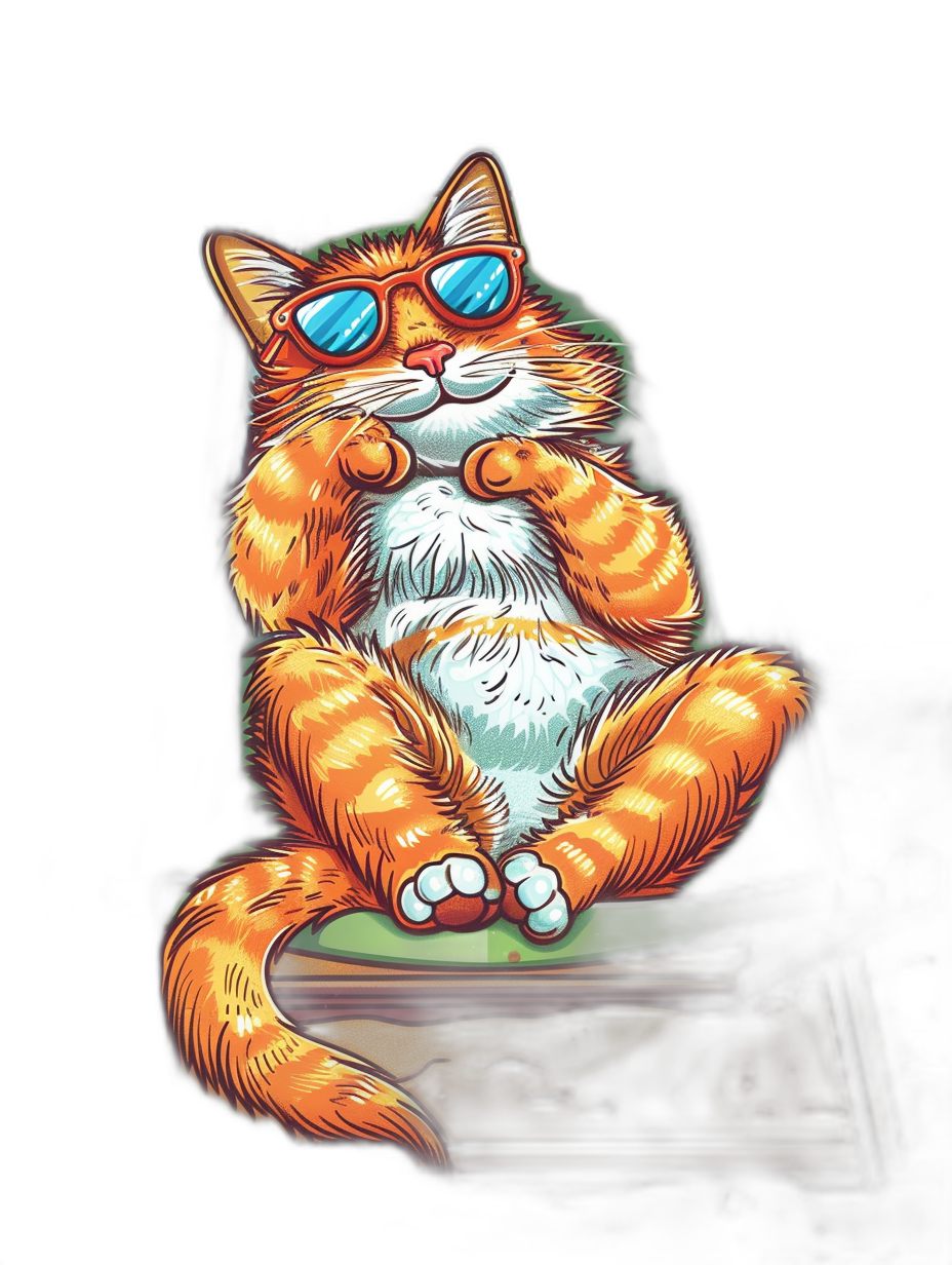 t-shirt design, full body orange cat wearing blue sunglasses sitting on top of the table against a black background, detailed vector art in the style of an illustration.