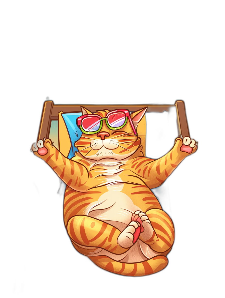 A cartoon fat orange cat lies on the bed, wearing sunglasses and lying down with his hands behind her head, smiling happily, black background, flat illustration style, bold lines, bright colors, vector graphics, simple details, high saturation, cartoon characters. A wooden board is placed in front of it, which has three empty square holes in each corner. The left side hole contains an ice cream cone, while two other small red light bulbs hang from its body above,,in