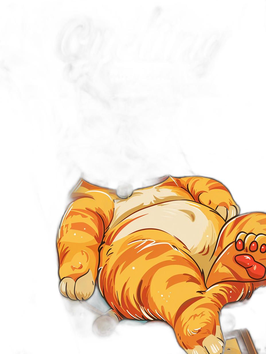 vector design of an orange cat laying on its back with belly up, on a black background, in the style of ghibli and studio g_Voonge comic books