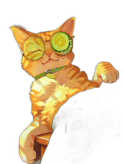 digital art of a cute and fat orange cat, wearing green glasses with a cucumber on the lens, sitting in a black chair, chill vibes, black background