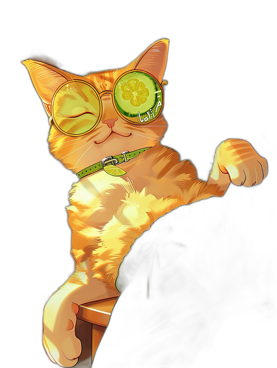 digital art of a cute and fat orange cat, wearing green glasses with a cucumber on the lens, sitting in a black chair, chill vibes, black background