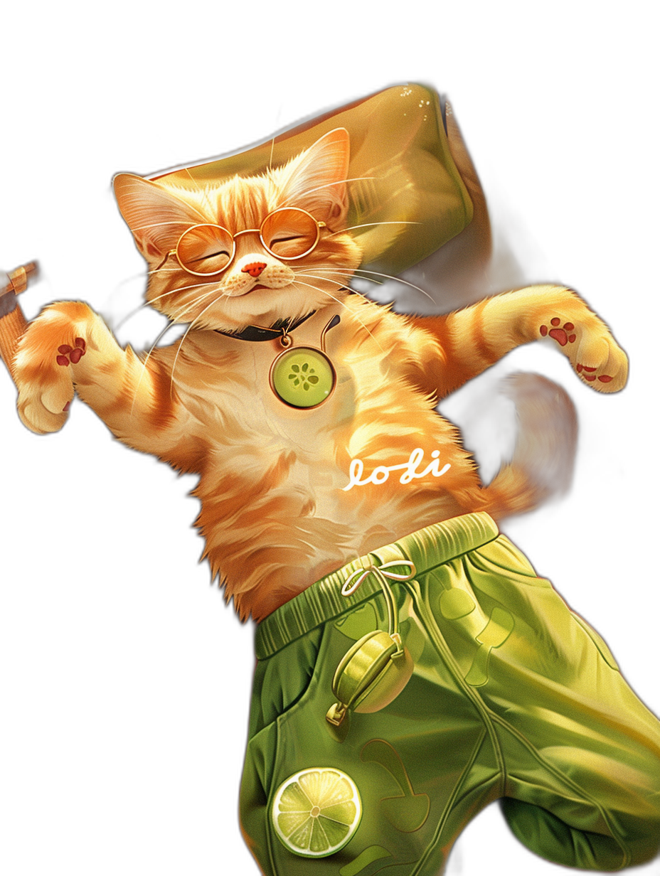 digital art of a cute and fat orange cat, the word “loholei” is written on his , wearing green shorts with lime green accents, he has glasses and is holding an air bag in one hand while jumping up, against a black background with a pastel tone color palette. The artwork has a cute and funny style.