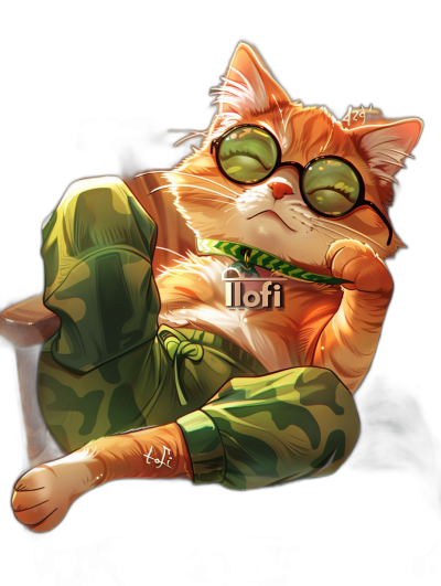 A cute orange cat, wearing green camouflage pants and glasses with the text "Iofi", lying on its back in an armchair against a black background, in the style of anime.