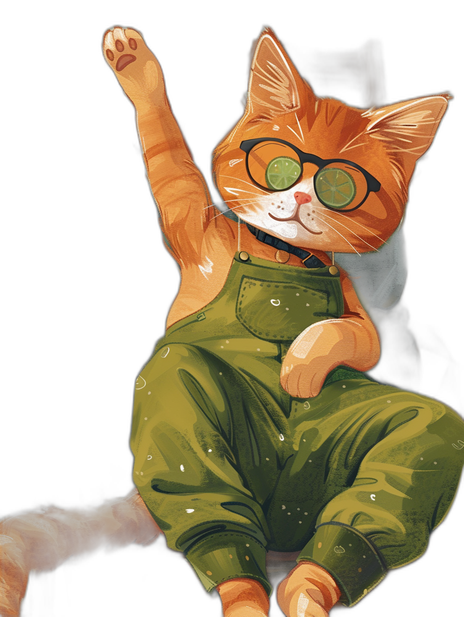 A cute orange cat with glasses and green overalls, sitting on its back legs in the air, doing an epic pose in the style of digital art.